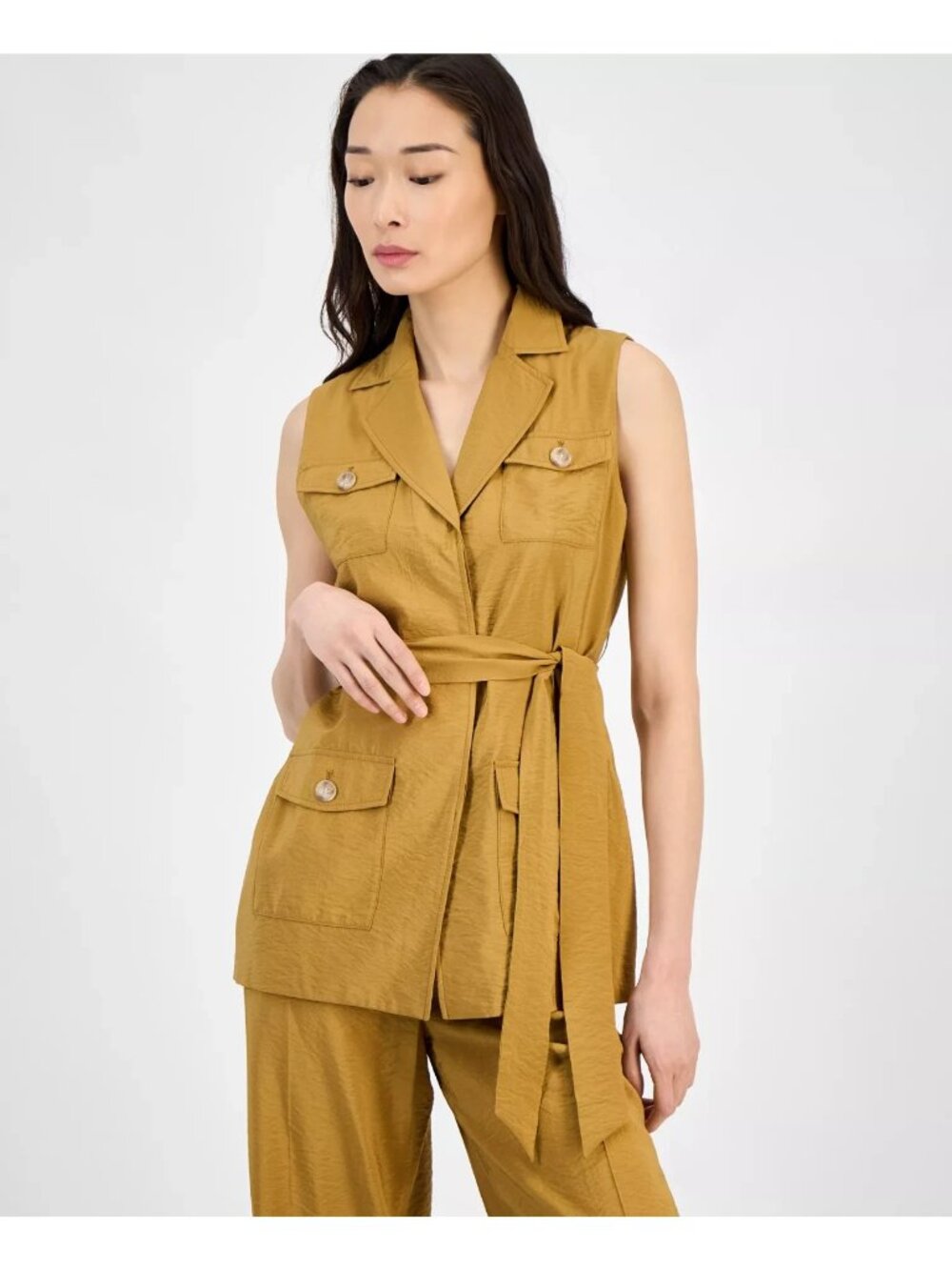 Anne Klein Sleeveless Tie-Waist Patch-Pocket Jacket Copper Brown Size L $129
